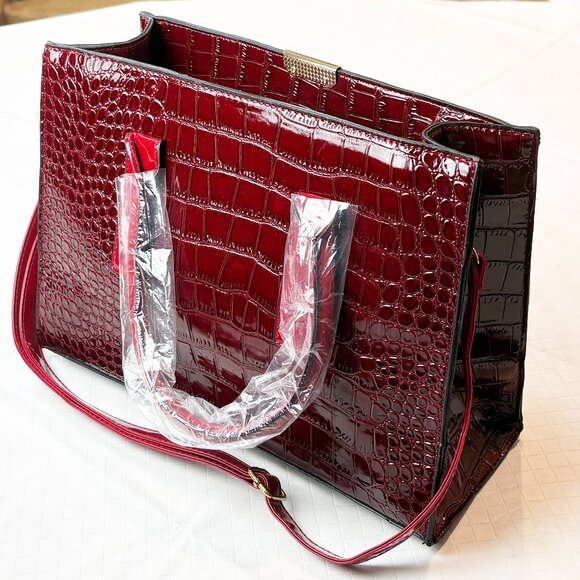 Burgundy and Red Faux Crocodile Embossed patent leather top handle Crossbody Bag - Picture 5 of 16